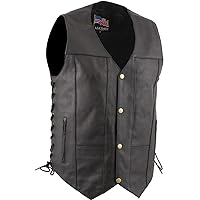 USA Leather 1204 Men's Black 'Dime' Classic Leather Ten Pocket Motorcycle Biker Vest with Side Laces - Medium