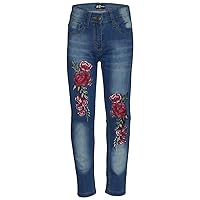 Kids Girls Stretchy Jeans Roses Embroidered Mid Blue Denim Pants Trouser Jegging