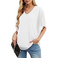 QIXING Women 3/4 Sleeve V Neck Blouses Double Layers Mesh Shirts Flowy Dressy Tops