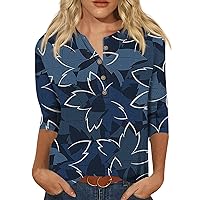 3/4 Sleeve Trendy Shirts for Women Plus Size Summer Tops Dressy Casual Vintage Printed Graphic Tees Button Down Blouses