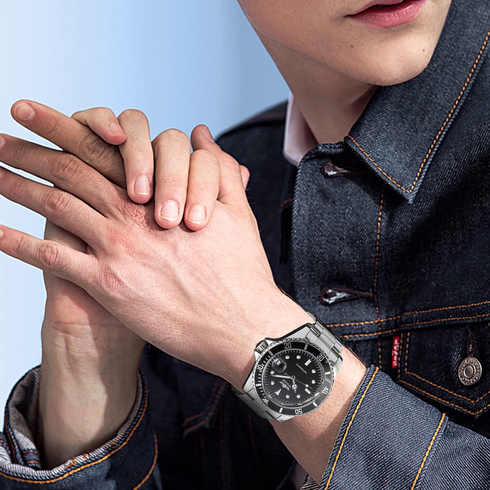 Bossy Mart Winner Herren-Armbanduhr, automatische mechanische Uhr, Luxus-Marke, Vollstahl, wasserdicht, mit Kalender