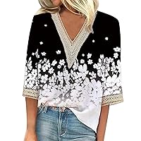 Women's Flattering 3/4 Sleeve Tops Casual Loose Shirts Lace Trims Print V Neck Tops T-Shirts Tee Shirts, S-3XL