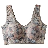 Women's Thin Underwired Mesh Printed Vest Style Unbuttoned Comfortable Beautiful Back Underwear Bra Athletic