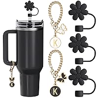 Compatible with Stanley Cup Accessories, 3PCS Black Straw Toppers for Stanley Cup Straw Cover Cap, 2PCS Cute Letter Charms for Stanley 30&40 Oz Tumbler with Handle(K)