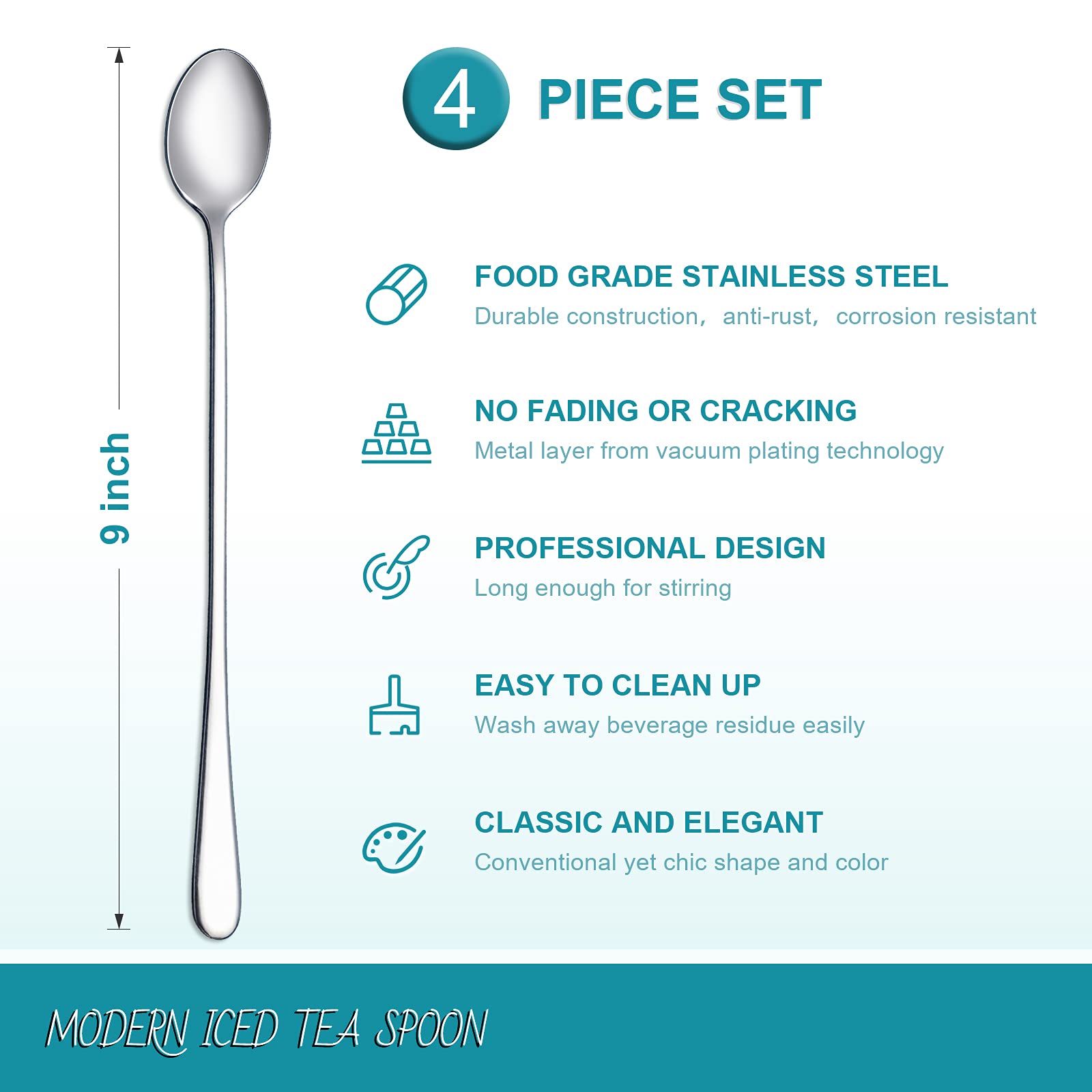Hiware 9-Inch Long Handle Iced Tea Spoon, Coffee Spoon, Ice Cream Spoon, Stainless Steel Cocktail Stirring Spoons, Set of 4