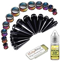 BodyJ4You 26PC Big Gauges Piercing Kit | Ear Balm Aftercare | Bump Aftercare Treatment | Ear Lobe Stretching Set | Single Flare Tunnel Plugs Expander Tapers | 00G-20mm Black Acrylic Steel Body Jewelry