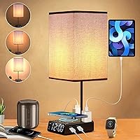 Bedside Lamp with USB Ports & AC Outlets, 15W Wireless Charger Table Lamp with Clock, 3 Way Dimmable Nightstand Lamps for Bedroom Living Room,Touch Lamp with Charging Station,Grey Shade & Black Base