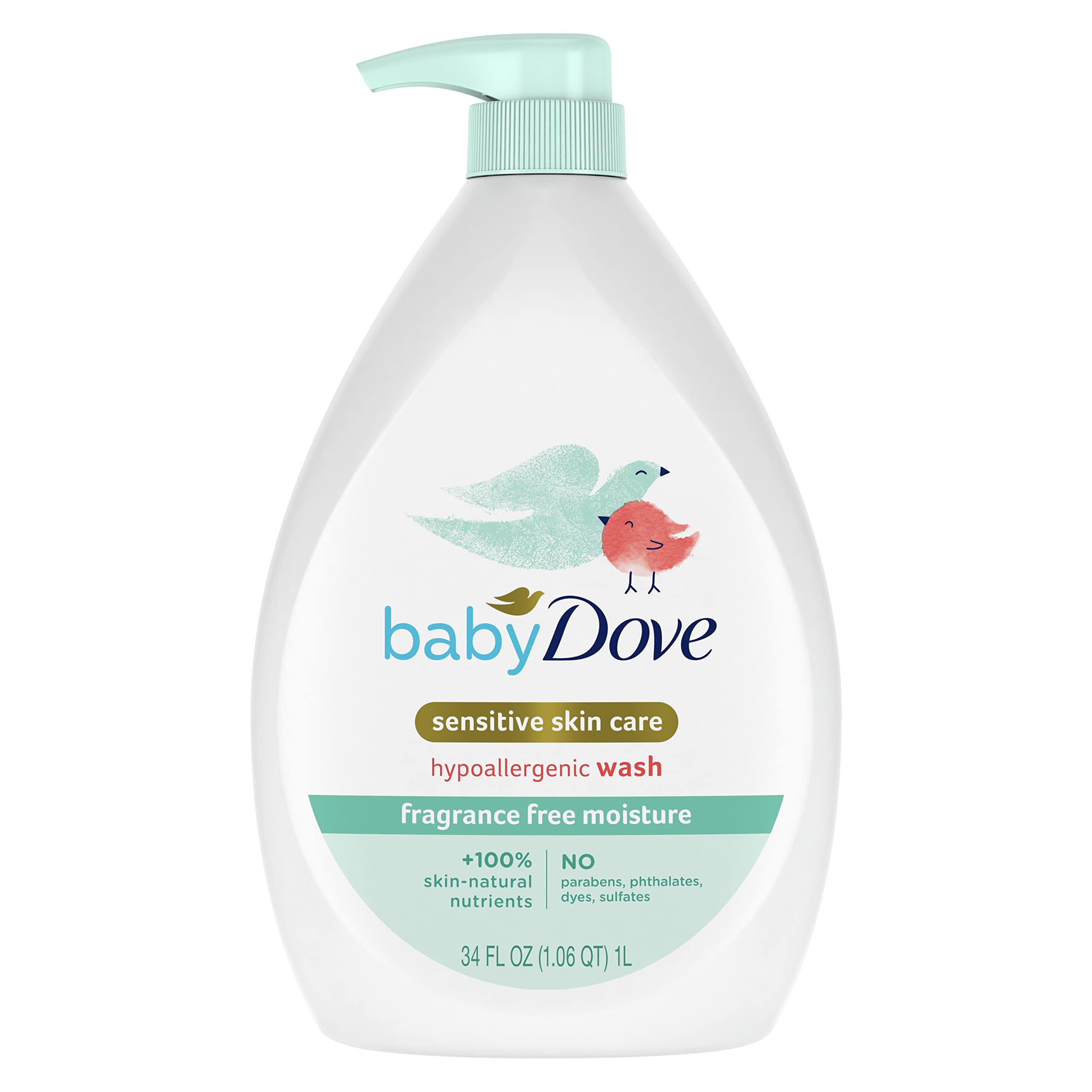 Baby Dove Sensitive Skin Care Baby Wash Fragrance Free Moisture For Baby Bath Time Fragrance Free and Hypoallergenic, Washes Away Bacteria 34 oz