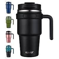ALOUFEA 20 oz Insulated Coffee Mug Tumbler with Handle, Stainless Steel Travel Mug Tumbler with Lid and Straw,Double Wall Vacuum Leak Proof Ice Coffee Thermal Cup, Black