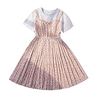 Girls Summer Floral Backstrap Pleated Dress Short Sleeve Crew Neck A Swing Casual Daily Going Out Princess Girl