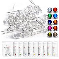 CHANZON 100pcs 5mm LED Diode Lights Assortment 10 Colors x 10pcs Diodes (Clear Transparent Lens) Emitting Lighting Bulb Lamp Assorted Kit Variety Color White Red Yellow Green Blue Orange UV Pink