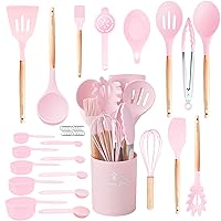 Kitchen Utensils Set, 32 Pcs Non-Stick Silicone Cooking Utensil Spatula Set with Holder, Wooden Handle Heat Resistance Silicon Kitchen Gadgets, Ladle Whisk, Tongs, Measuring Cups Spoons, Pink