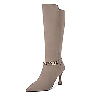 Womens Dress Solid Chain Pointed Toe Suede Bridal Zip Stiletto High Heel Mid Calf Boots 3.3 Inch