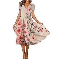 Summer Casual Dresses for Women,Short Sleeve Swing Sundress Floral Print T-Shirt Dress