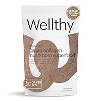 Wellthy Collagen Superfood Powder, Fights Stress & Fatigue, Cacao, Mushroom Powder - Organic Chaga & Reishi Extracts, Certified Organic Matcha, Allergen-Free & Non-GMO