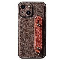 ONNAT- Genuine Leather Case for iPhone 15 Pro Max/15 Pro/15 Plus/15 Lens Camera Protection Case with Card Slot Kickstand Wrist Strap Anti-Fall Cover (Brown,15 Pro Max'')