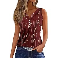 Women's Fashion Tank Top, Solid Color Henley Neck Tops Summer Casual Loose Flower Tank Top Vacation Sleeveless Shirt