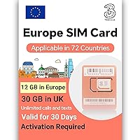 UK SIM Card 30Days 30GB / Europe SIM Card 30Days 12GB, Unlimited Local Calls and SMS, Applicable to 72 Countries, Support 4G/5G Operating Networks, Unlimited Speed UK Three SIM Card.