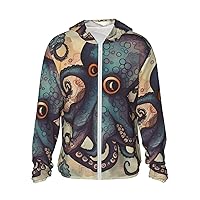 Retro Octopus Print Sun Protection Hoodie Jacket Full Zip Long Sleeve Sun Shirt With Pockets For Outdoor