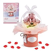 Flower Bouquet Building Kit - Artificial Flowers Building Toys, DIY Rose Bouquet Block Toy with Dust-Proof Dome, Gifts Ideal for Kids, Women,Girls and Boys(Pink Rose)