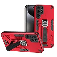ZIFENGXUAN-Military Case for Samsung Galaxy S24 Ultra/S24 Plus/S24, Foldable Stand PC Shockproof Case Support Vehicle Magnetic Suction (S24 Ultra,Red)