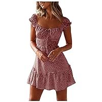Women's Tie Front Cut Out Ruffle Hem Ruched Beach Mini Dress, Sexy Puff Sleeve Pleated Floral A Line Dresses for Women 2024