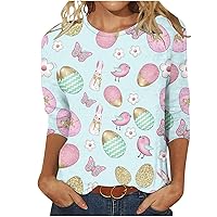 Workout Tops for Women Happy Easter T-Shirt 3/4 Sleeve Blouse Cute Bunny Eggs Print Graphic Tees Crew Neck Casual Shirts