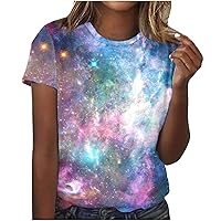 The Sky Night Printed T Shirt for Women Novelty Flower Graphic Tees Vintage Summer Short Sleeve T-Shirt Casual Blouses