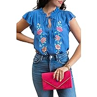 Womens Mexican Embroidered Top Floral Cotton Boho Tie Neck Peasant Blouse Shirt