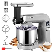 6 IN 1 Stand Mixer, 450W Tilt-Head Multifunctional Electric Mixer with 6 Speeds LCD Screen Timing, 7.4Qt Stainless Bowl, Dough Hook, Flat Beater, Whisk, Scraper, Grinder, Stuffer, Slicer - Gray