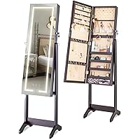 LUXFURNI LED Light Jewelry Cabinet Standing Full Screen Mirror Makeup Lockable Armoire, Large Cosmetic Storage Organizer w/Brush Holder (Brown)