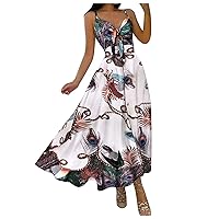 Women's Bohemian Swing Dress Casual Loose-Fitting Summer Print Sleeveless Long Beach V-Neck Trendy Glamorous Flowy Navy