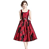 LAI MENG FIVE CATS Women's Vintage Sleeveless Jacquard Cocktail Midi Dress with Belt and Pockets