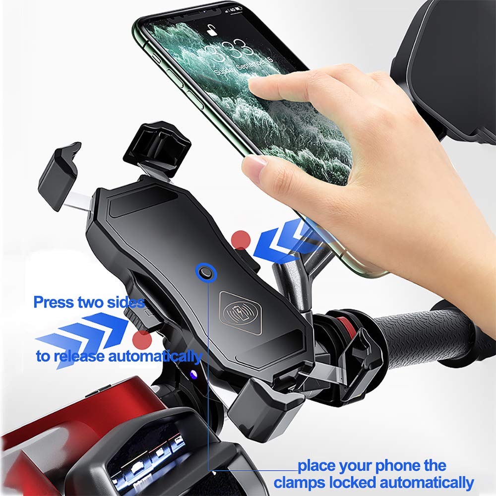 iMESTOU Motorcycle Wireless 15W Qi/USB Quick Charger 3.0 Phone Holder 2 in 1 Mount on 22-32mm Handlebar or Rear-View Mirror Fast Charging for 3.5-6.8 inch Cellphones