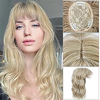 Fashion Short Wavy with Bangs High Temperature Fiber 14inch,One Piece Three Clips Clip in Hair Toppers with Thinning Hairpiece (Linen)