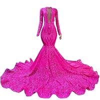 Fuchsia Sequined Mermaid V Neck Prom Shower Party Evening Dress Celebrity Pageant Gala Gown