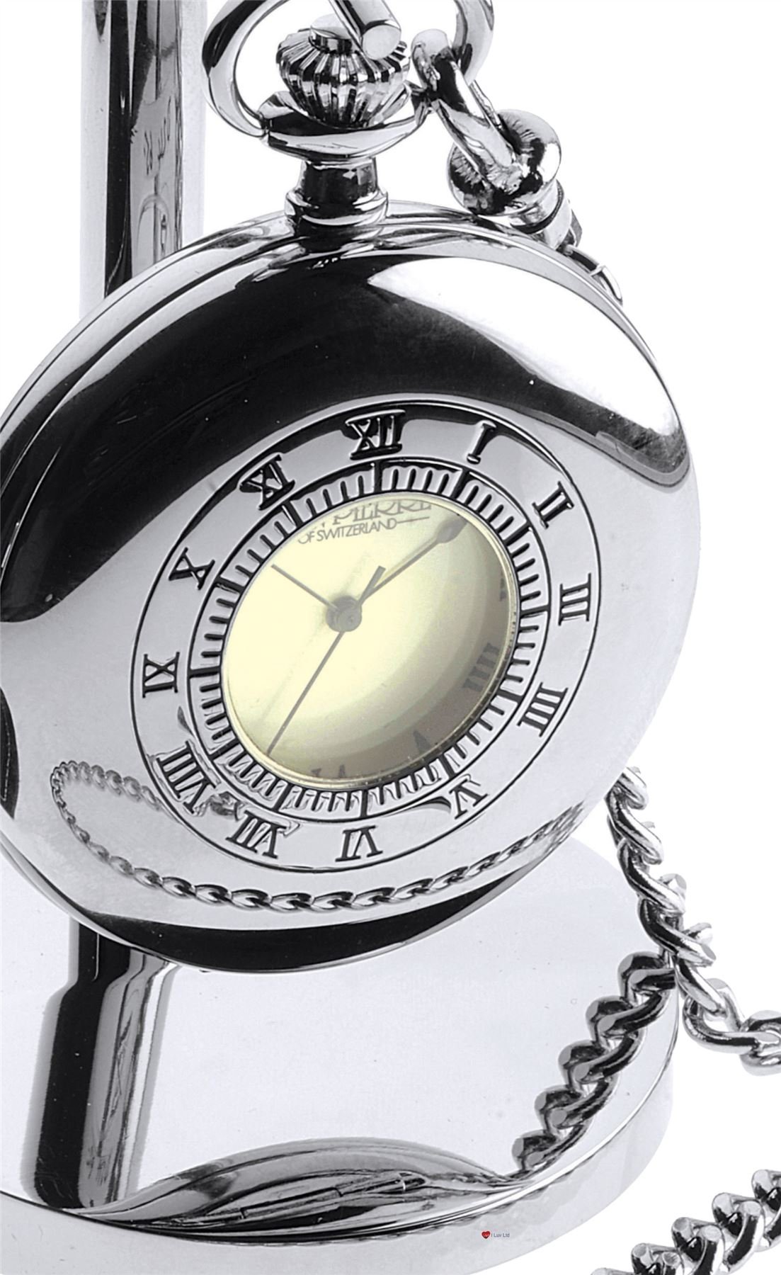 I LUV LTD Chrome Half Hunter Pocket Watch Clock Set - on Stand - Leather Case Albert Chain