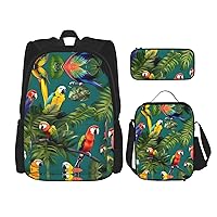 Tropical plants and parrots Backpack Travel Daypack With Lunch Box Pencil Bag 3 Pcs Set Casual Rucksack Fashion Backpacks
