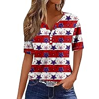 Women's Independence Day Print Button Short Vacation Trendy V Neck Boho Short Sleeve Shirts T Shirt Tee Blouse