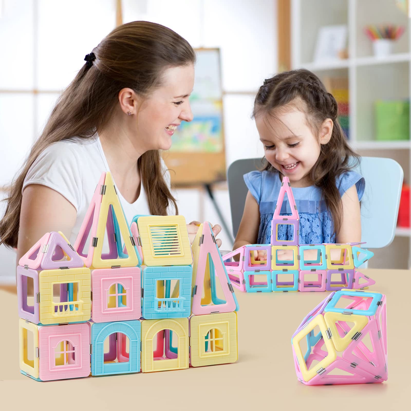 Magnetic Tiles Building Blocks Toys for Kids, 136 Pieces 3D Creative Castle Construction Magnetic Stacking Set Preschool Intelligence STEM Toys for Girls Boys Age 3years and Up (Macaron Color)