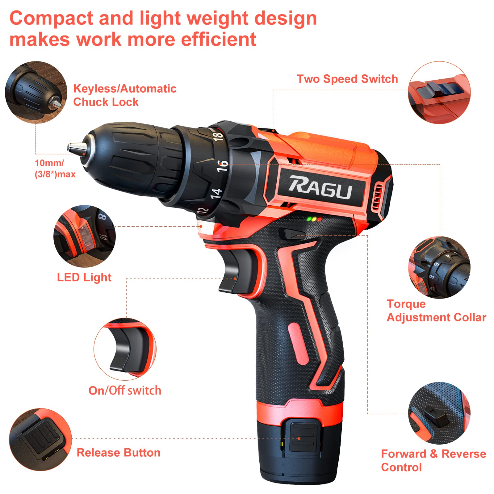 Cordless Drill 12v, 34pcs Drill Driver Set with 2 Batteries, Drill Set with 2 Variable Speed 3/8'' Keyless Chuck for Drilling Wood, Ceramics