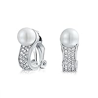 Bridal Crystal Fashion White Simulated Pearl Huggie Clip On Earrings For Women Non Pierced Ear Silver Plated Brass