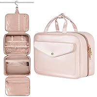 MATEIN Travel Toiletry Bag for Women, 9L Faux Leather Hanging Makeup Bag with Metal Snap Handle, Large Waterproof Cosmetic Bags Multiple Traveling Organizer Container for Toiletries Accessories, Pink