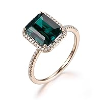 Emerald Engagement Ring,14K Yellow Gold,May Birthstone,6x8mm Emerald Cut Green Gems,Halo,Ball Prong Set