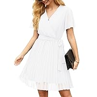 GRECERELLE Womens Spring & Summer Wrap V-Neck Short Sleeve Casual Pleated Mini Dresses for Wedding Guest