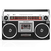 Riptunes Boombox Radio Cassette Player Recorder, AM/FM -SW1/SW2 Radio, Wireless Streaming, USB/Micro SD Slots, Aux in, Headphone Jack, Classic 80s Style Retro, Black