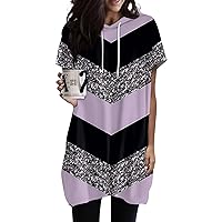 Summer Hoodies for Women Short Sleeve Crew Neck Oversized Sweatshirts Drawstring Solid Color Tunic Topss with Pockets