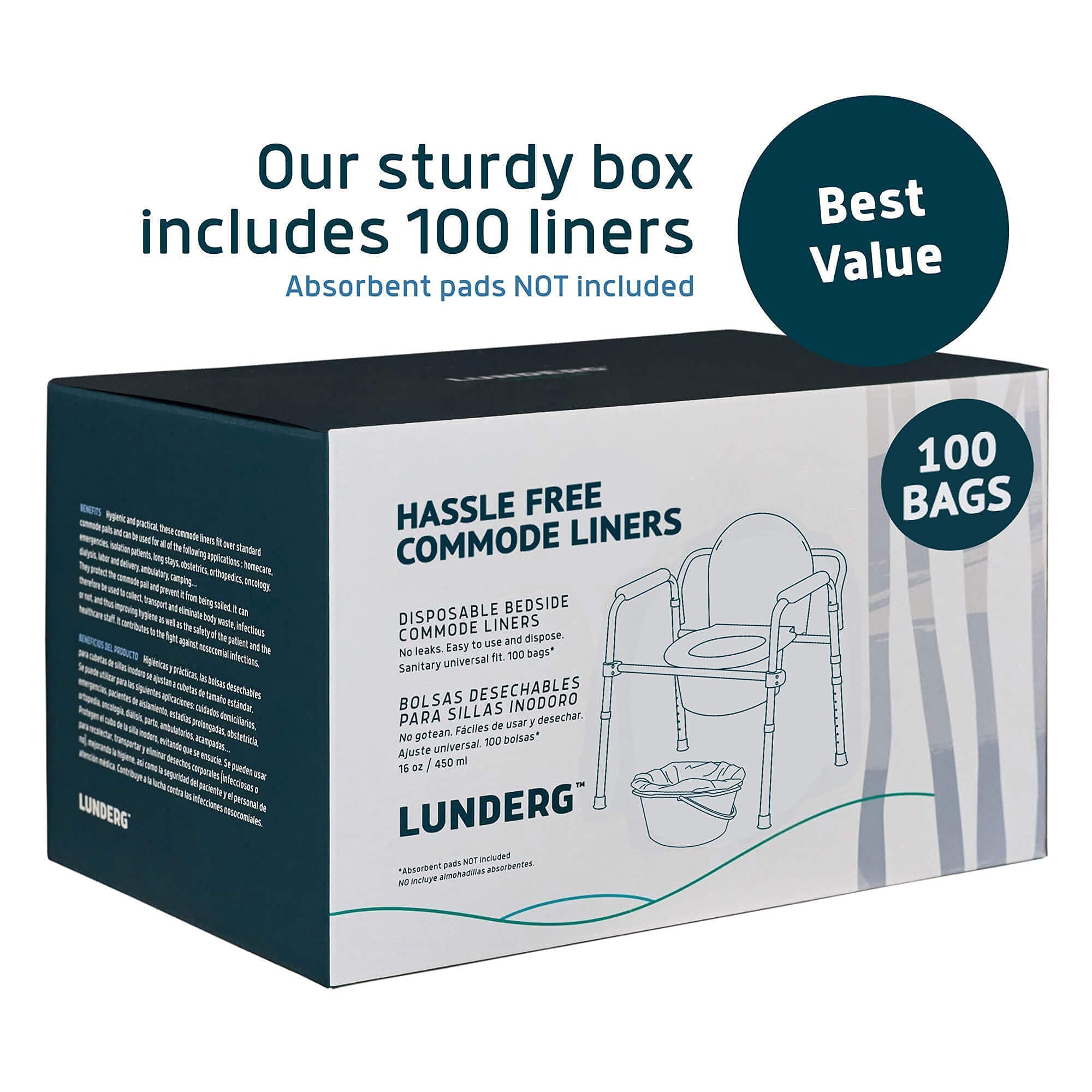 Lunderg Commode Liners - Value Pack 100 Count Universal Fit - Medical Grade Bedside Liners Disposable for Adult Commode Chair, Portable or Camping Toilet Bags