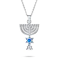 Bling Jewelry Created Blue Opal Religious Judaica Hanukkah Menorah Star Of David Pendant Necklace For Women Teens Bat Mitzvah Silver