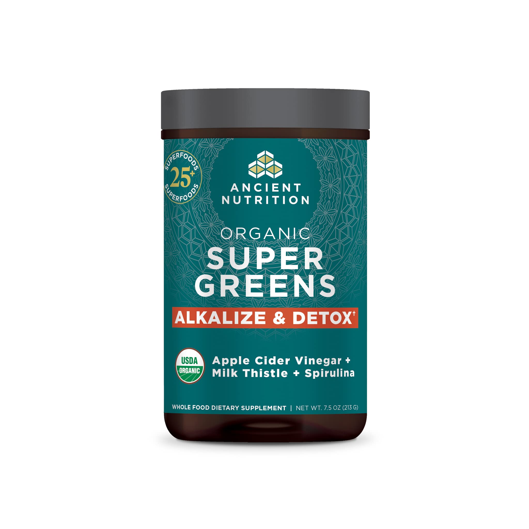 Ancient Nutrition Supergreens Alkalize & Detox Powder, Organic Superfood Powder Made from Real Fruits, Vegetables and Herbs, for Digestive and Energy Support, 25 Servings, 7.5oz